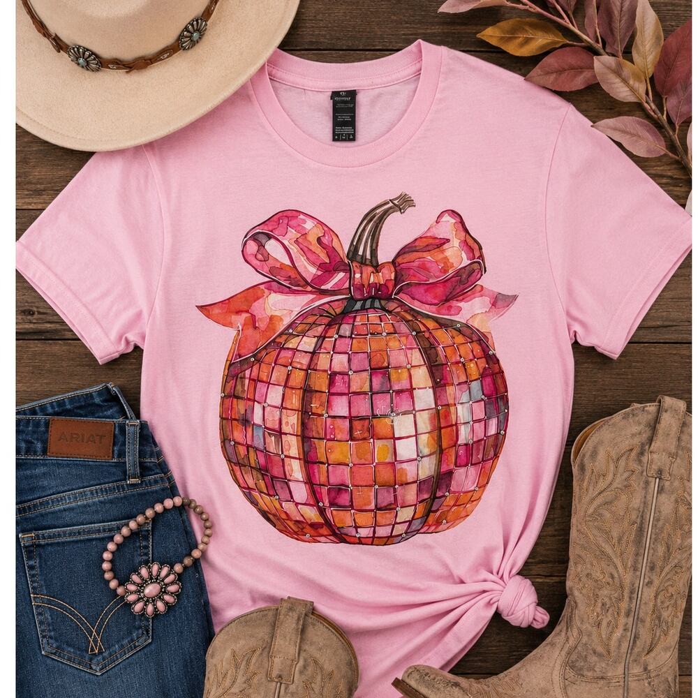 J. Coons Pink Disco Pumpkin Rhinestone Graphic Tee Fall Halloween NWOT Large